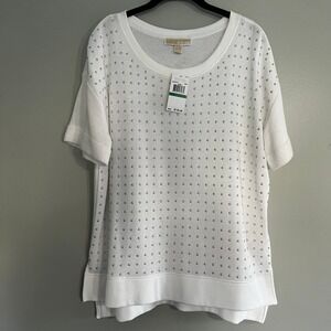 Michael Kors White Studded Short Sleeve French Terry Large NEW athleisure luxe